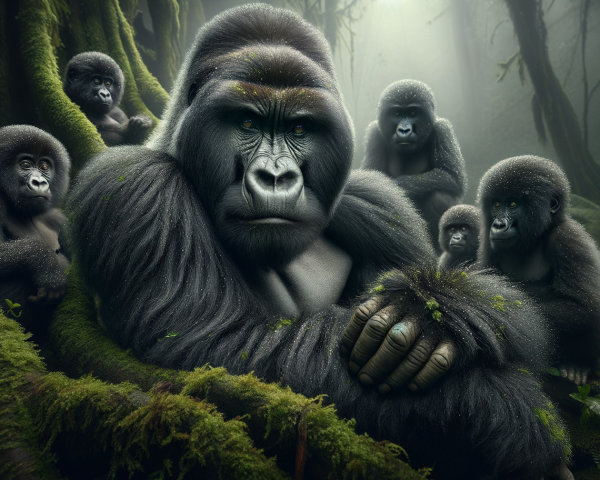 Silverback Gorilla with Juveniles in Rainforest Setting