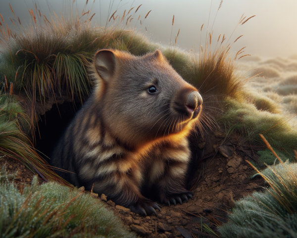 Wombat Emerging from Burrow in Lush Green Grass
