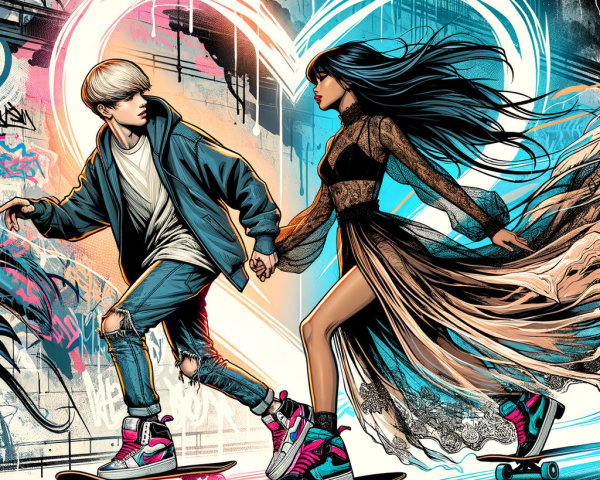 Couple Skating in Graffiti-Filled Urban Landscape