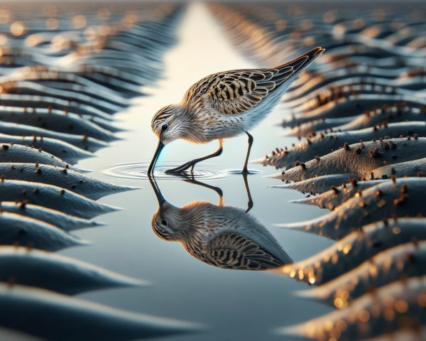 Shorebird Feeding on Reflective Water Surface at Sunset