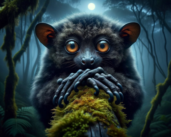 Mystical Forest Creature with Orange Eyes on Log