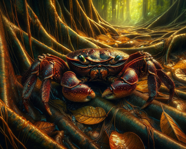 Vibrant Crab Among Tree Roots in Lush Environment