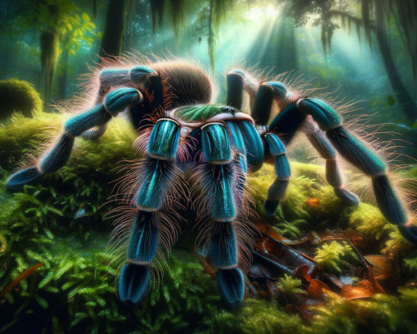 Close-up of a blue-legged tarantula in green foliage