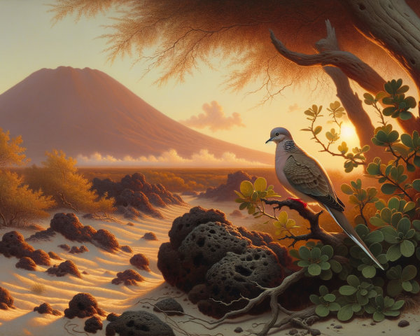 Volcanic Mountain Landscape with Bird and Foliage