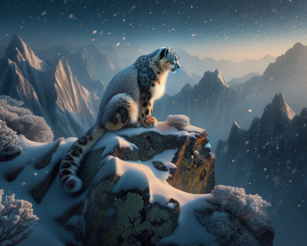 Snow Leopard on Rocky Outcrop in Alpine Landscape