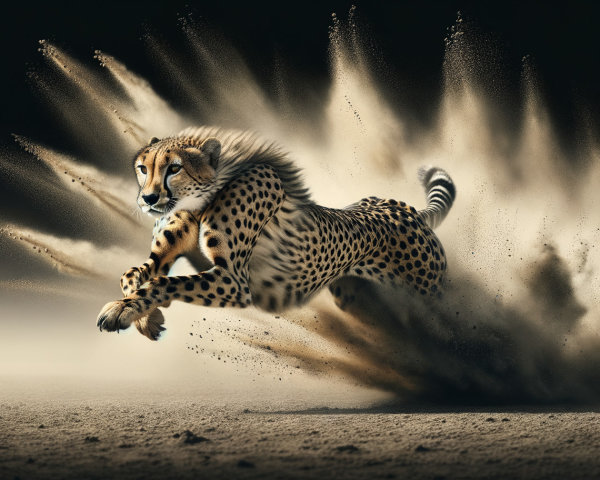 Cheetah Sprinting Across Sandy Landscape in Motion