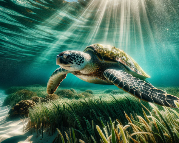 Majestic sea turtle in vibrant underwater landscape