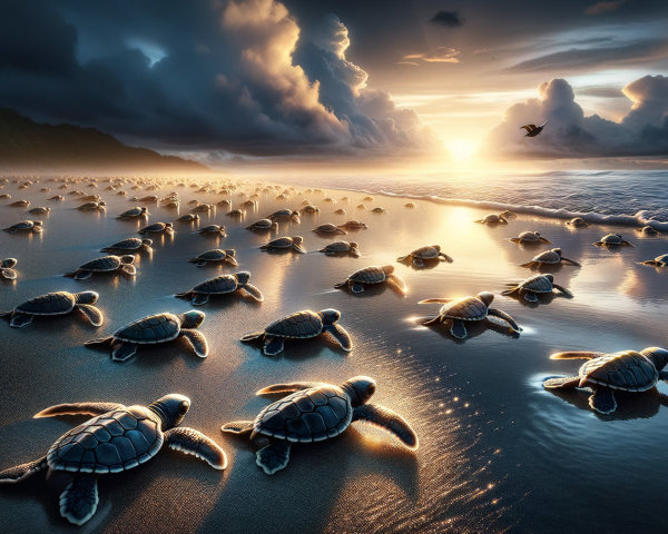 Beach at Dawn with Sea Turtles and Dramatic Clouds