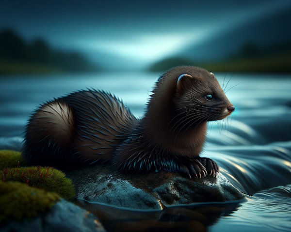 Small Mammal on Rock by Tranquil River and Mountains