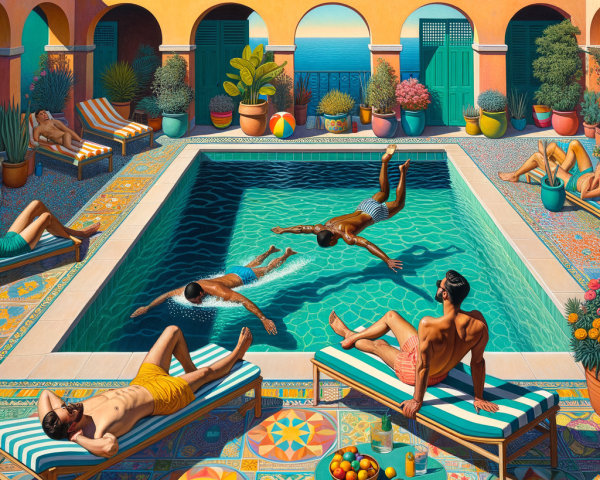 Vibrant Pool Area with Colorful Tiles and Greenery