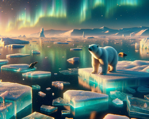 Polar Bear in Aurora Borealis Landscape with Ice Floes