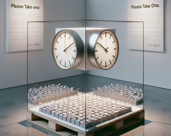 Modern art installation with clocks and wrapped boxes