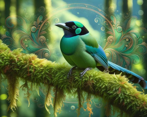 Vibrant Bird on Moss-Covered Branch in Lush Forest