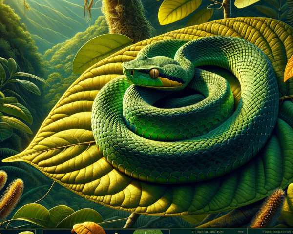 Green Snake on Leaf in Tropical Rainforest Setting