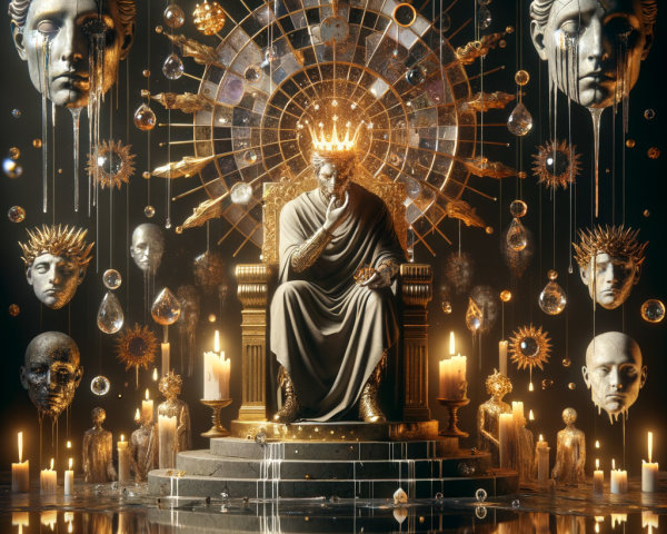 Majestic figure on ornate throne with illuminated decor