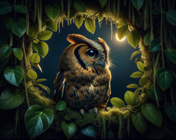 Majestic owl in leafy frame with vibrant foliage