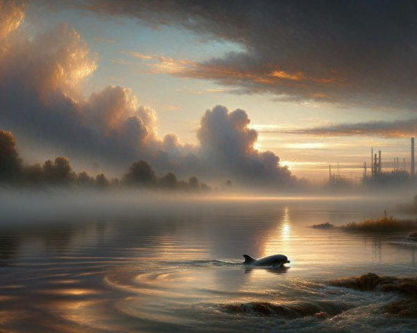 Serene Dawn Landscape with River and Whale Surface