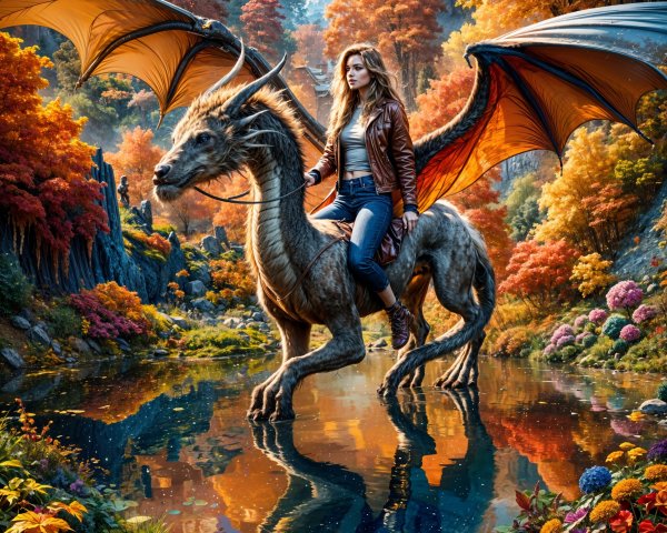 Young Woman Riding Dragon in Autumn Landscape