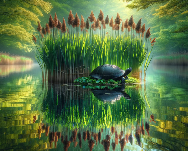 Turtle on Lily Pads in Tranquil Lake Setting