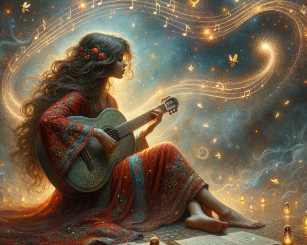 Mystical Scene of a Young Woman Playing Guitar