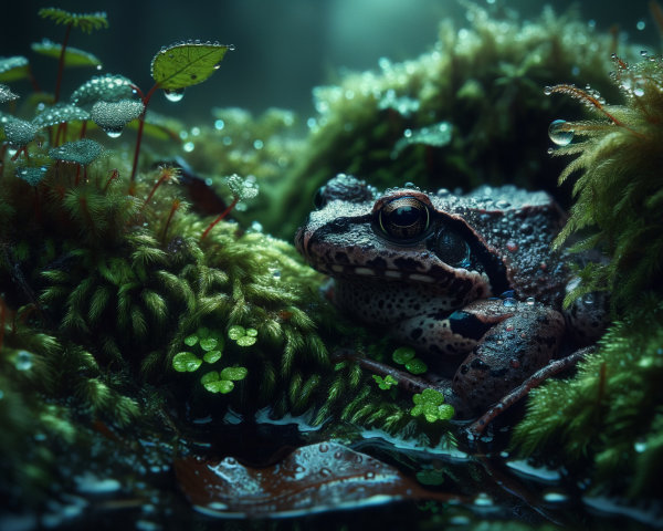 Close-up of a frog on green moss with water droplets