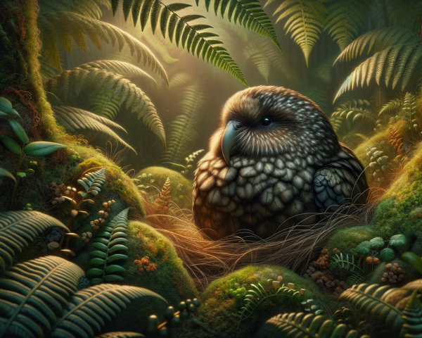 Fluffy Owl Nestled Among Ferns in Lush Greenery