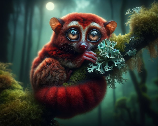 Red Loris on Mossy Branch in Dark Forest Setting