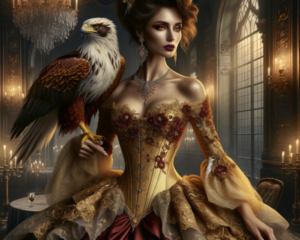 Woman in Golden Gown with Eagle in Regal Setting