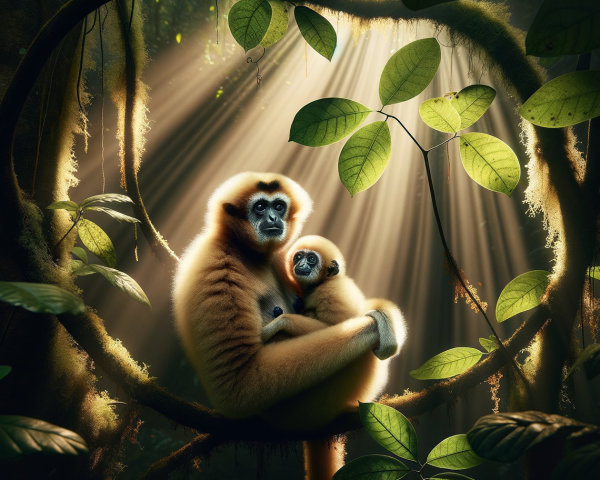 Mother Gibbon Cradles Baby in Lush Jungle Setting