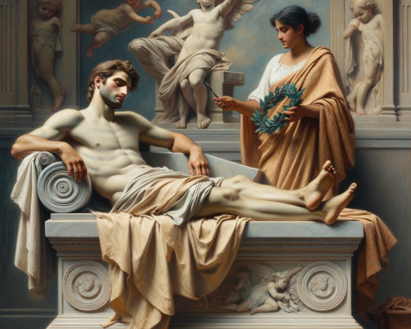 Classical Scene of Young Man and Woman with Laurel Branch