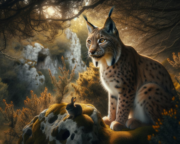 Lynx and Rabbit in a Serene Forest Setting