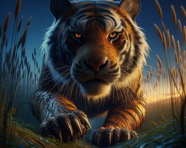 Majestic tiger in tall grass at sunset backdrop