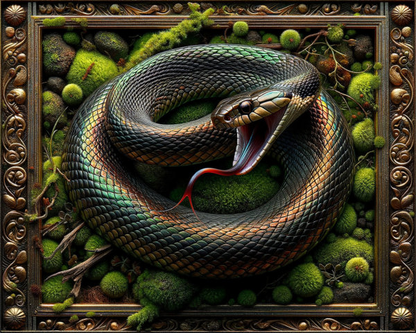 Vibrant Snake Coiled in Ornate Frame with Detailed Scales