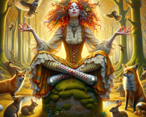 Woman Meditating in a Golden Light Forest Setting