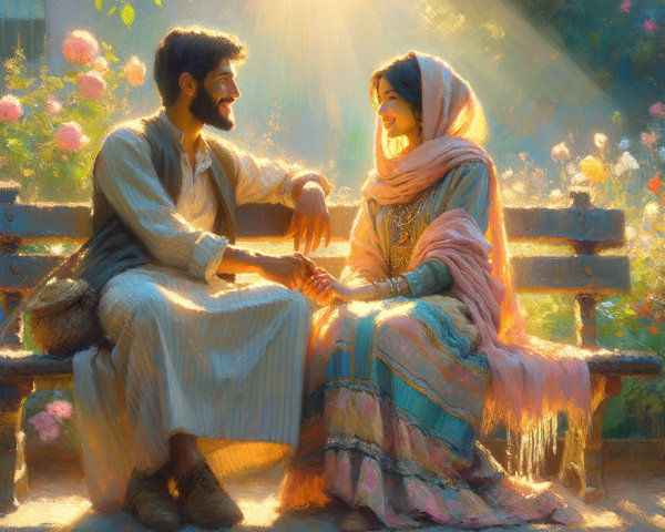 Couple on Bench in Blooming Garden with Sunlight