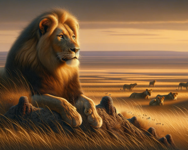 Lion on Rocky Outcrop in Savanna at Sunset