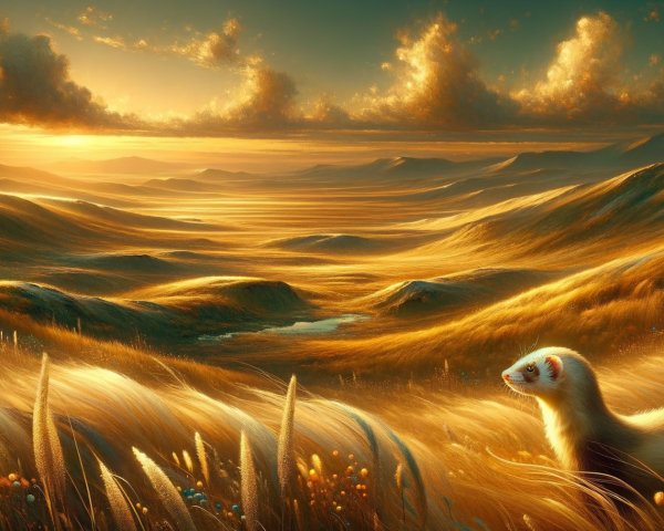 Serene Sunset Landscape with Weasel in Wildflowers