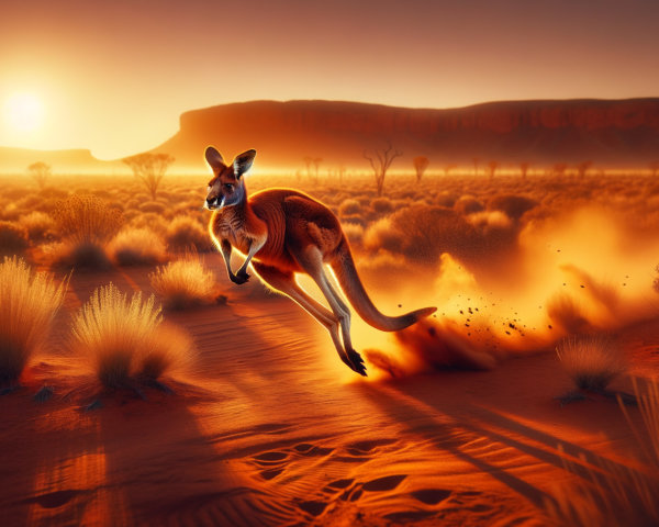 Kangaroo Leaping in Australian Outback at Sunset