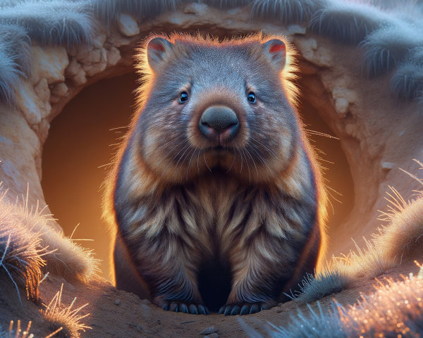 Wombat in Frosty Grass with Warm Glow and Curiosity
