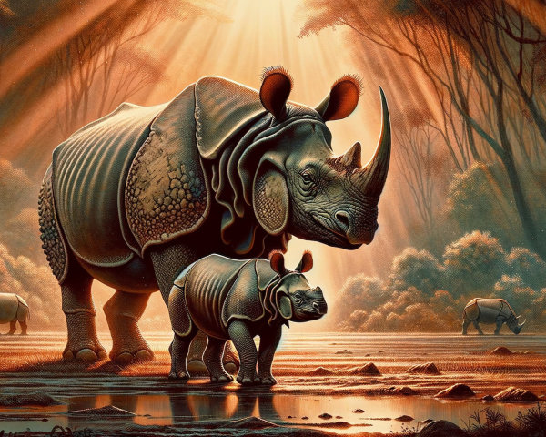 Mother Rhinoceros and Calf by Calm Waterway Scene