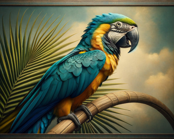 Vibrant Macaw on Branch with Blue and Gold Feathers