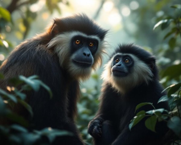 Monkeys in Lush Green Foliage with Dappled Sunlight