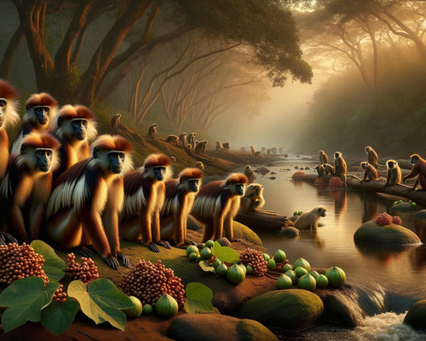Monkeys Gather by Tranquil River at Dawn