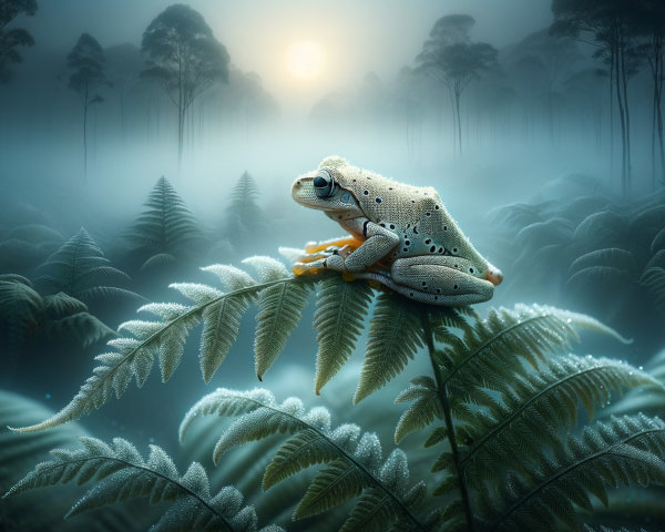 Misty Landscape with Frog on Lush Green Fern