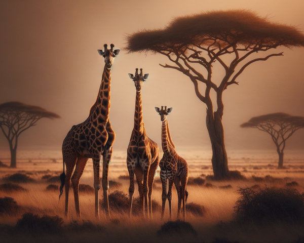 Giraffes in a golden-toned African savanna landscape