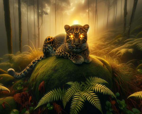 Leopard with Glowing Eyes in Misty Forest Setting