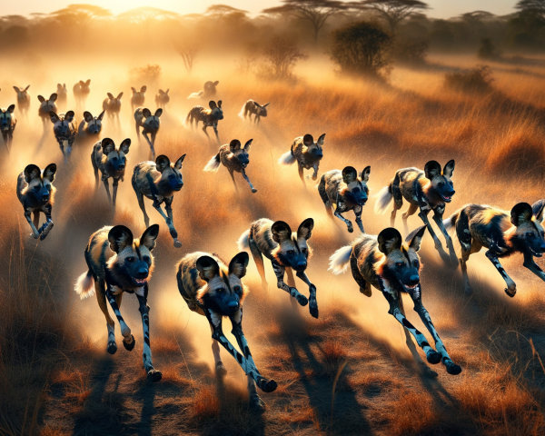 African Wild Dogs Running in Sunlit Savanna Scene