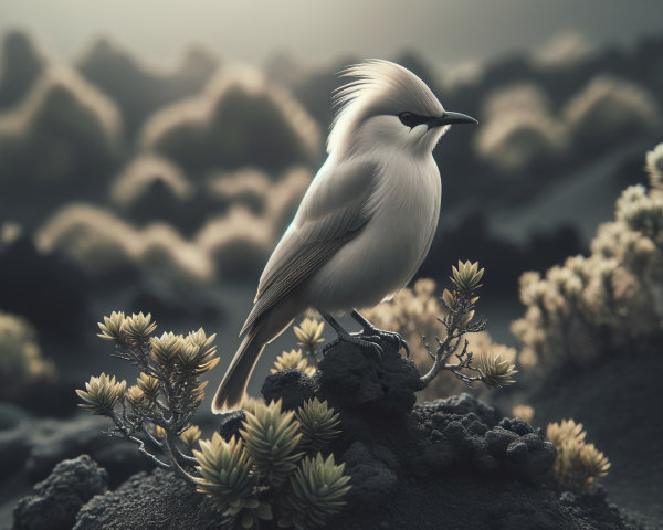 Ethereal Bird on Rocky Formation with Delicate Plants