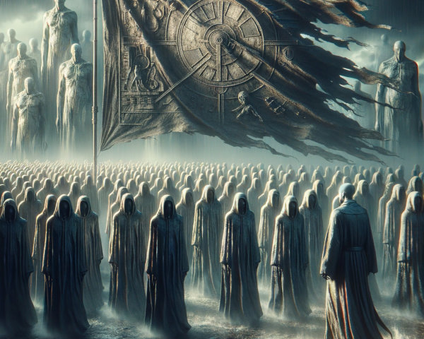 Spectral Army in Dark Landscape with Tattered Flag