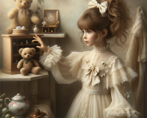 Vintage Room with Young Girl and Delicate Decor
